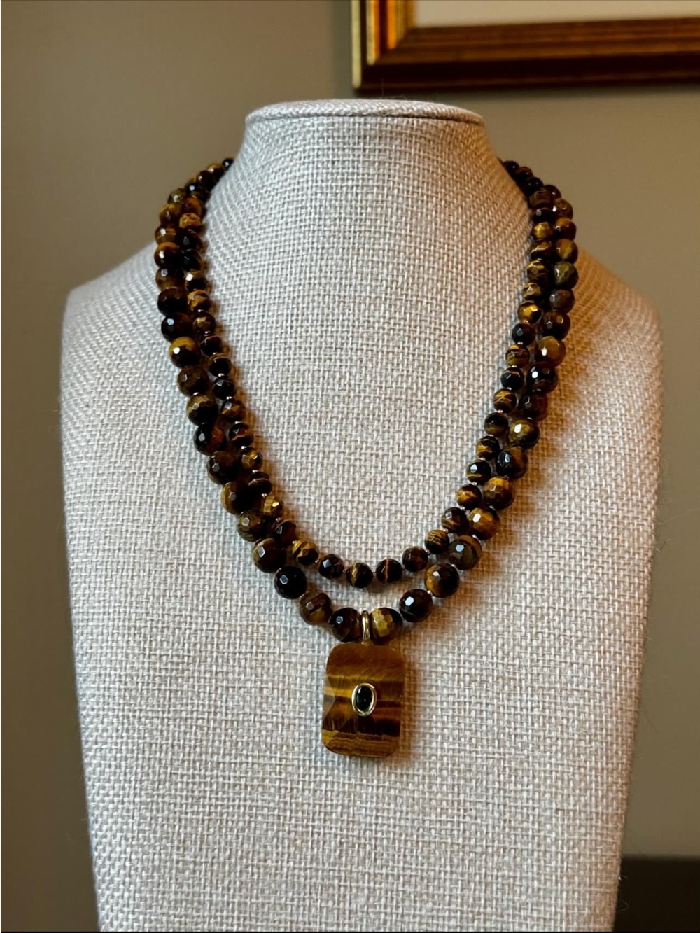 Tiger Eye Double Strand Necklace with Pendant - Brown